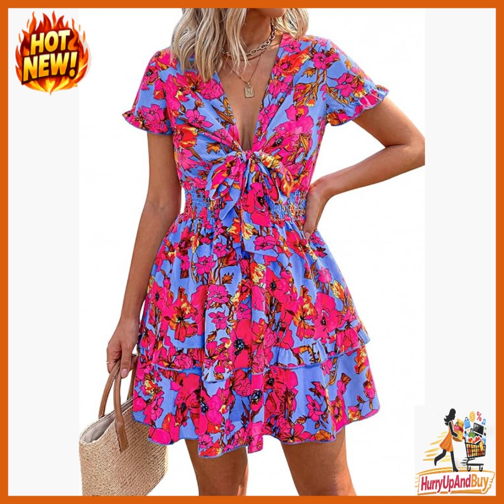 V-Neck Tiered Mini Dress Casual Summer Short Sleeve Flowy Beach Sundress